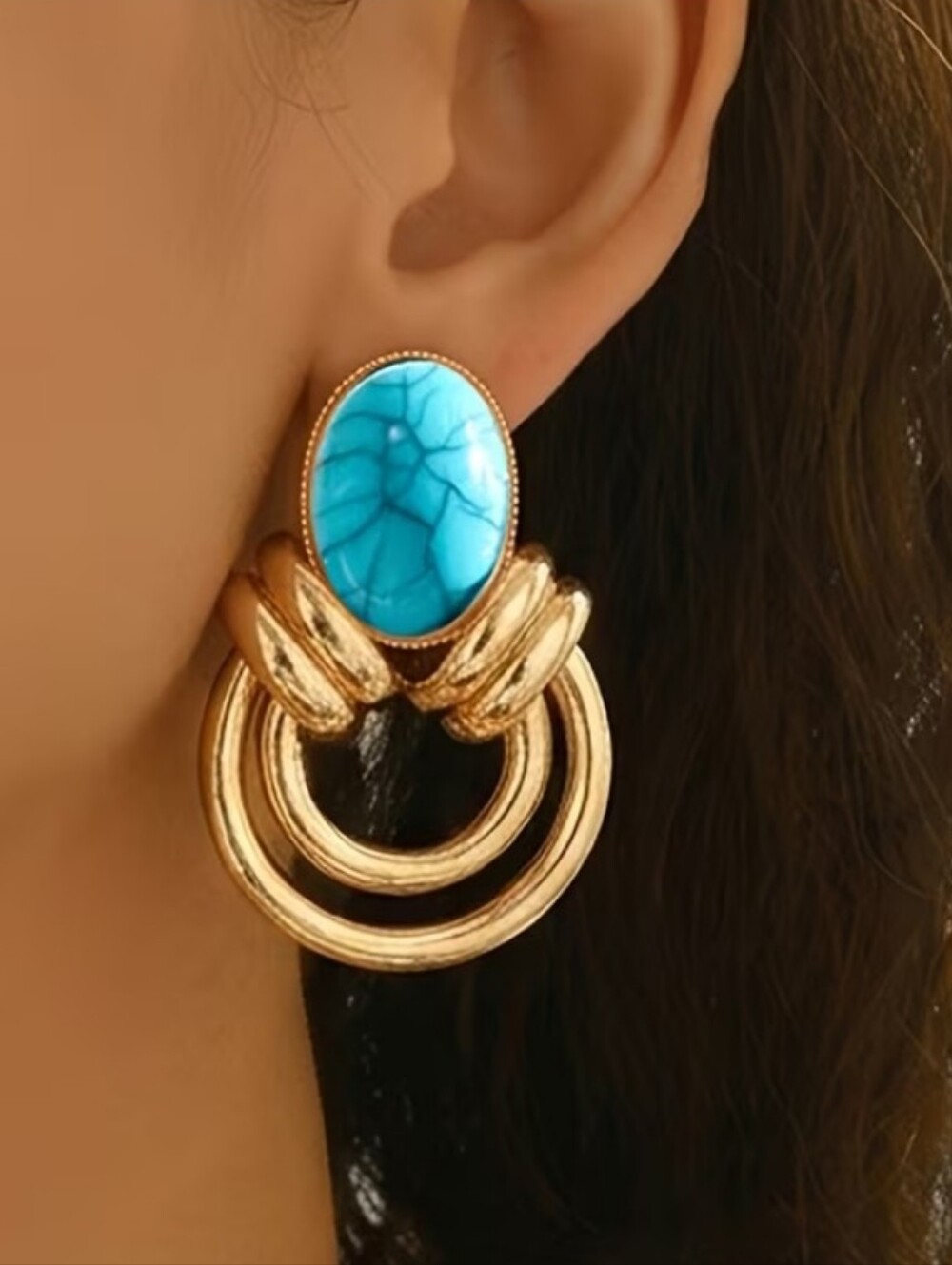 NEW! 14K Gold Plated Vintage Hoop Drop Post Earrings with Turquoise Stone